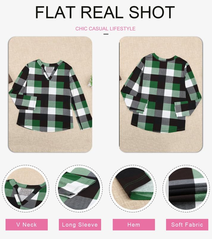 Dokotoo Womens Basic Casual V Neck Plaid Print Cuffed Long Sleeve Work Tops Blouses Shirts S-3XL