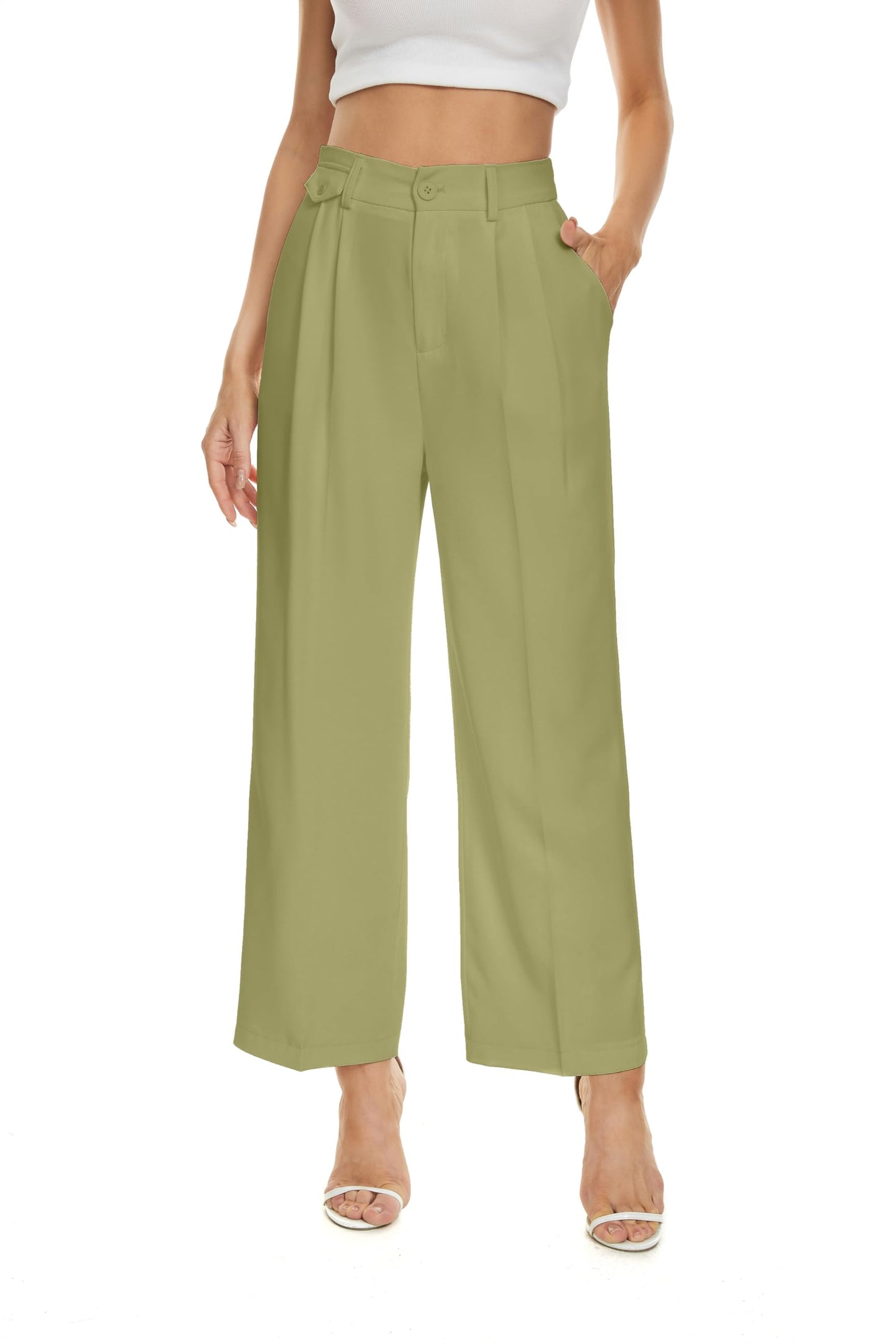 FUNYYZO Women's Loose Pleated Front Long Pants Wide Leg Trousers Solid Causal Dressy