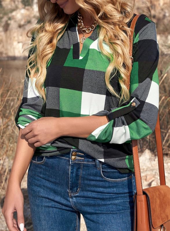 Dokotoo Womens Basic Casual V Neck Plaid Print Cuffed Long Sleeve Work Tops Blouses Shirts S-3XL