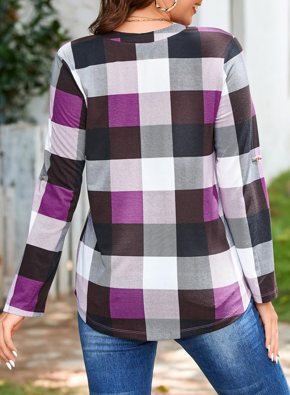 Dokotoo Womens Basic Casual V Neck Plaid Print Cuffed Long Sleeve Work Tops Blouses Shirts S-3XL