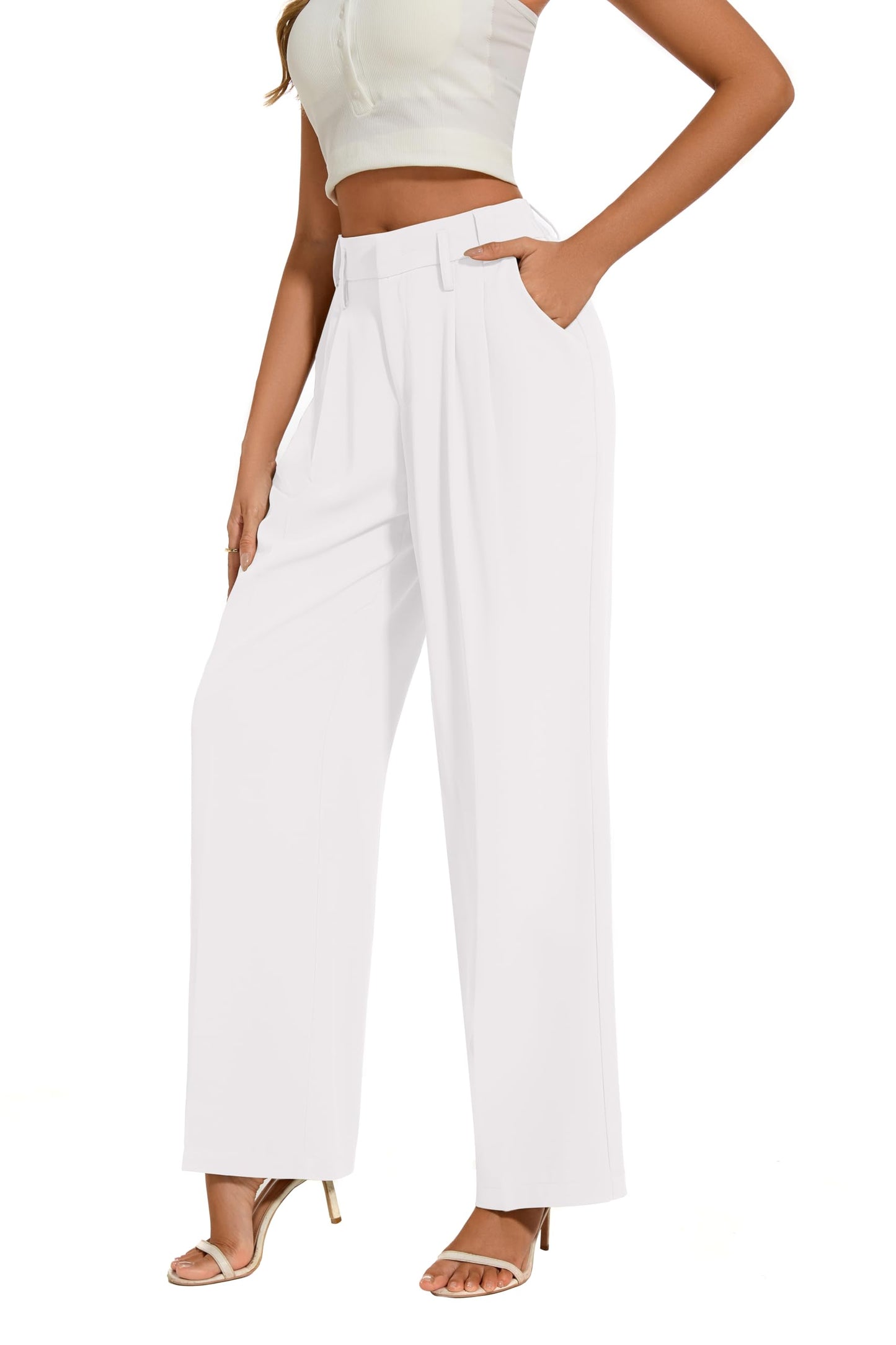 FUNYYZO Women's Loose Pleated Front Long Pants Wide Leg Trousers Solid Causal Dressy