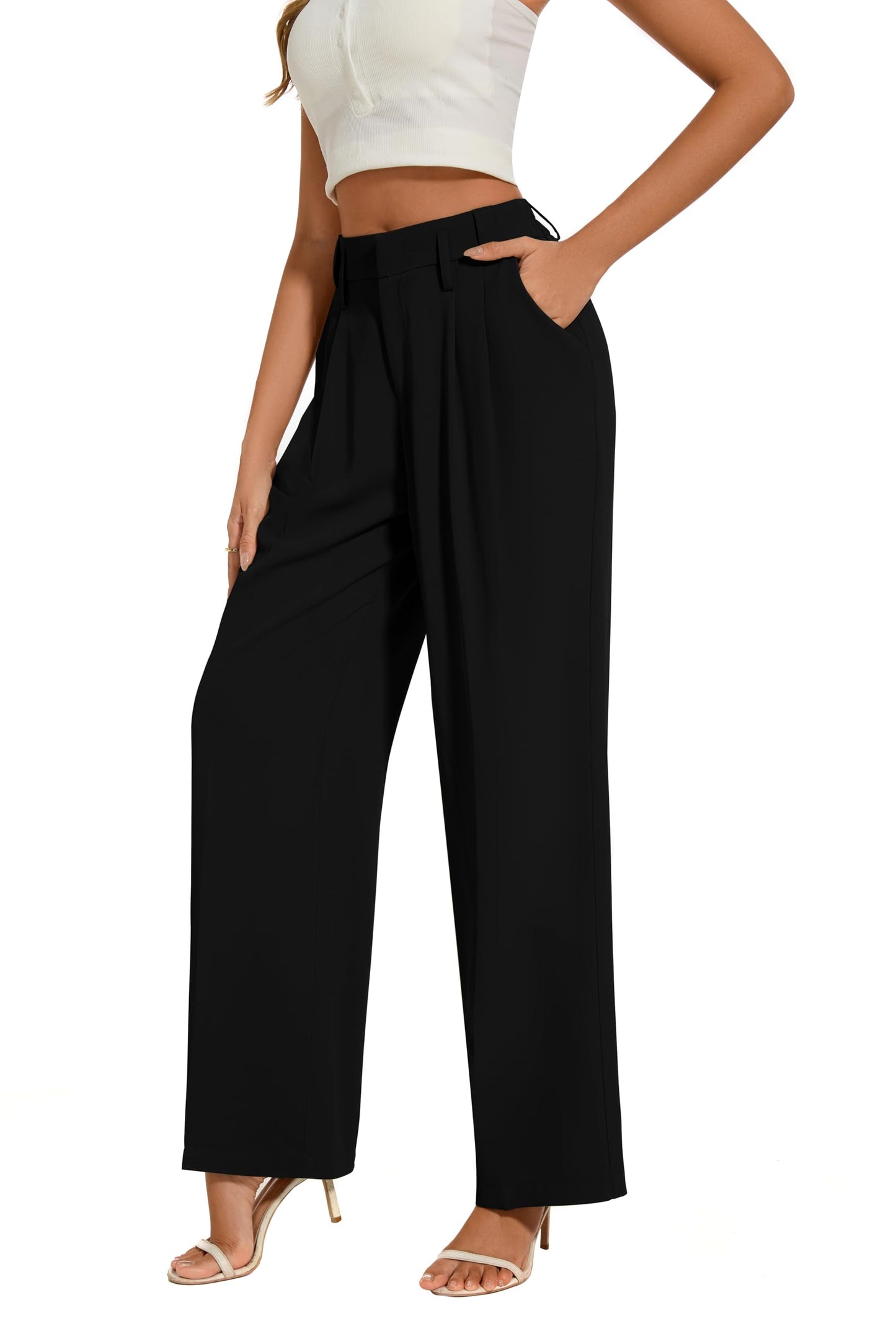 FUNYYZO Women's Loose Pleated Front Long Pants Wide Leg Trousers Solid Causal Dressy