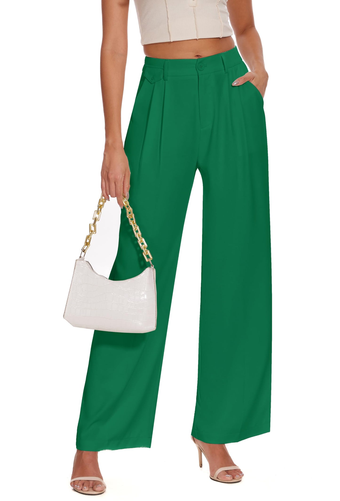 FUNYYZO Women's Loose Pleated Front Long Pants Wide Leg Trousers Solid Causal Dressy