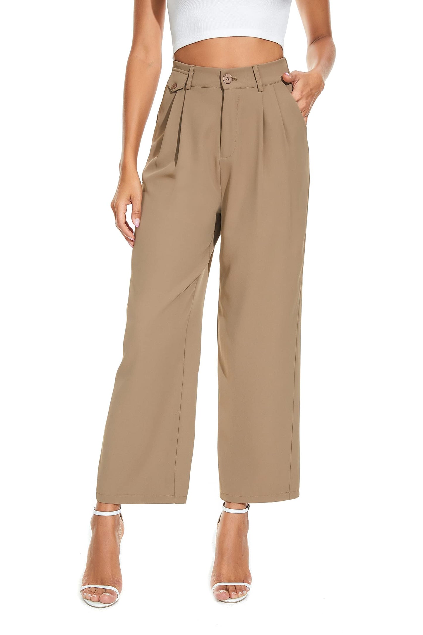 FUNYYZO Women's Loose Pleated Front Long Pants Wide Leg Trousers Solid Causal Dressy