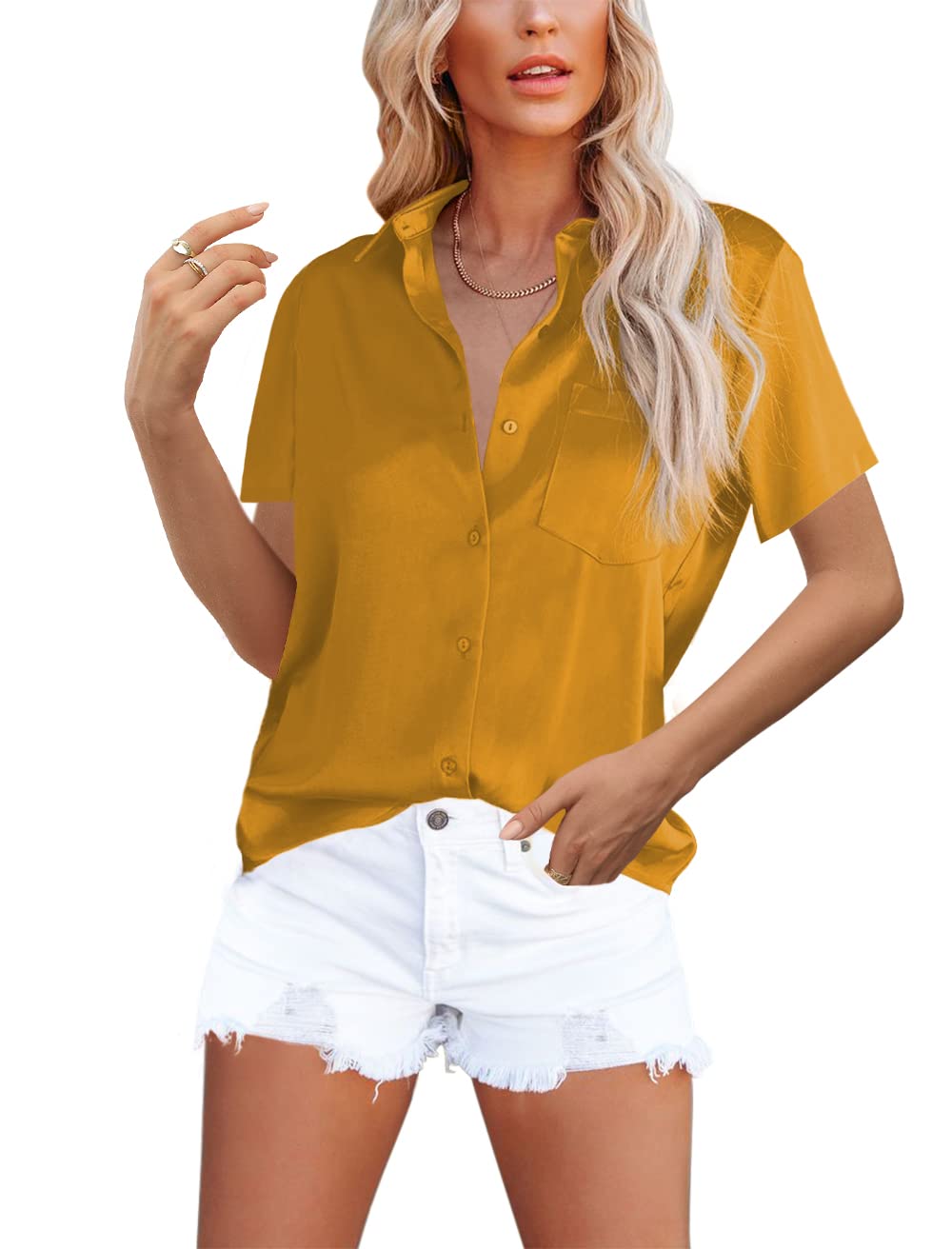 OMSJ Women's Button Down Shirts Satin V Neck Long Sleeve Casual Work Blouse Tops with Pocket