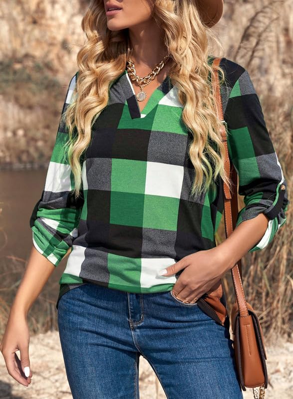 Dokotoo Womens Basic Casual V Neck Plaid Print Cuffed Long Sleeve Work Tops Blouses Shirts S-3XL