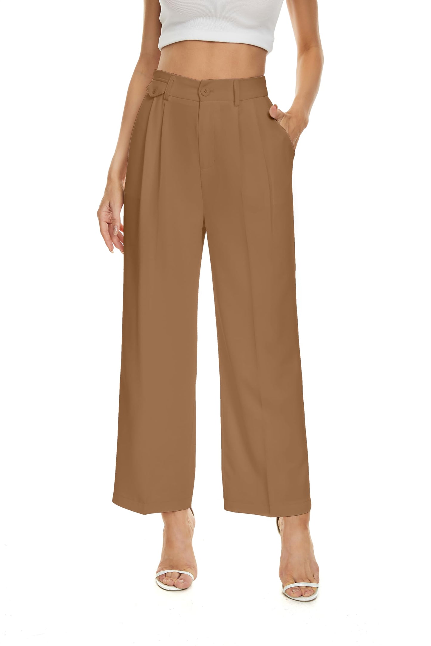 FUNYYZO Women's Loose Pleated Front Long Pants Wide Leg Trousers Solid Causal Dressy