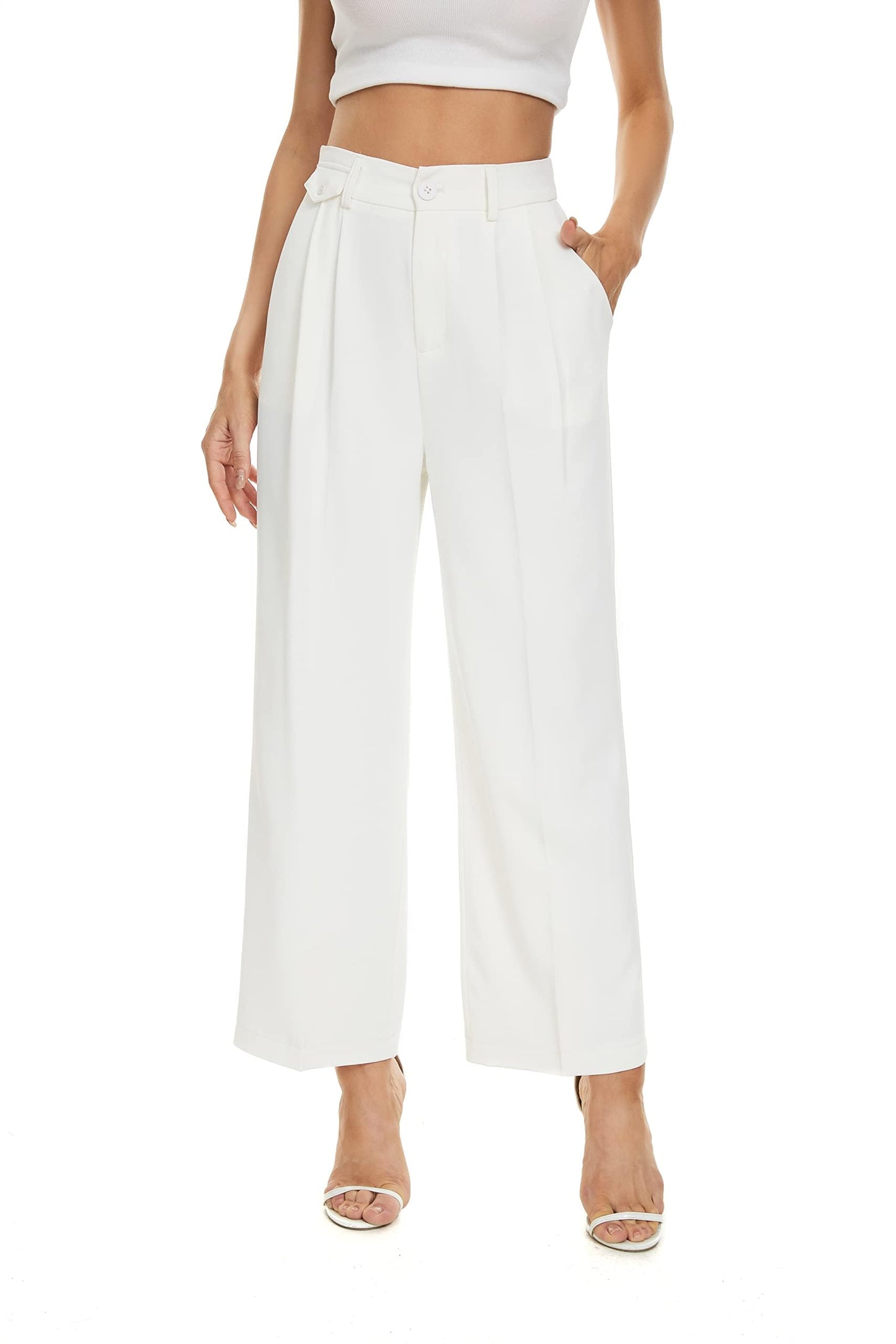FUNYYZO Women's Loose Pleated Front Long Pants Wide Leg Trousers Solid Causal Dressy