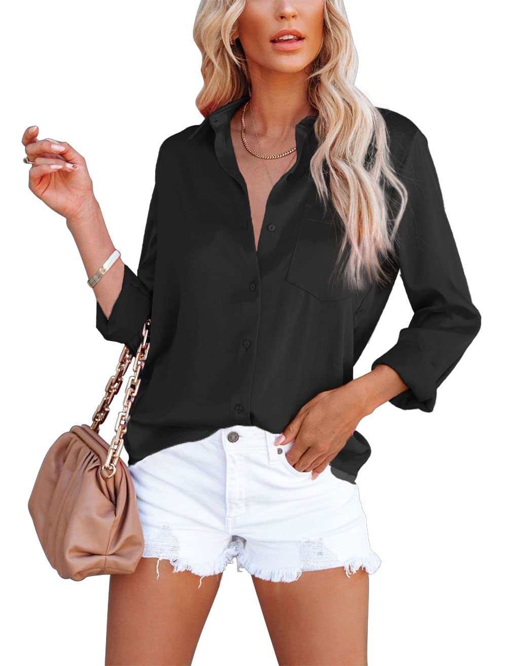 OMSJ Women's Button Down Shirts Satin V Neck Long Sleeve Casual Work Blouse Tops with Pocket