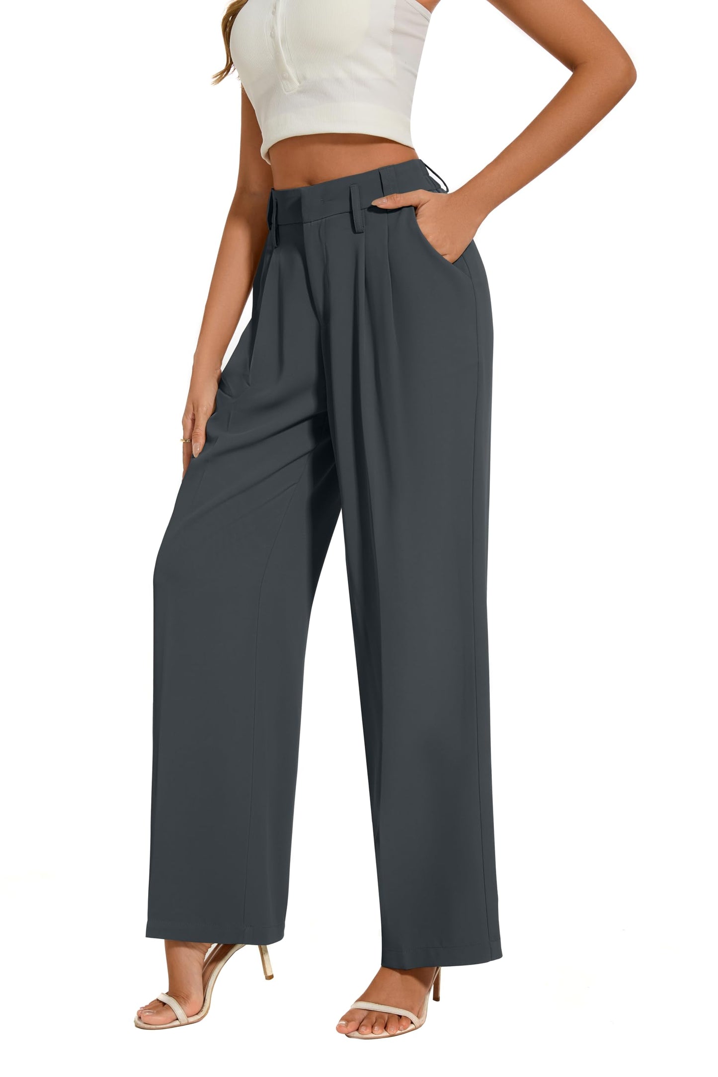 FUNYYZO Women's Loose Pleated Front Long Pants Wide Leg Trousers Solid Causal Dressy