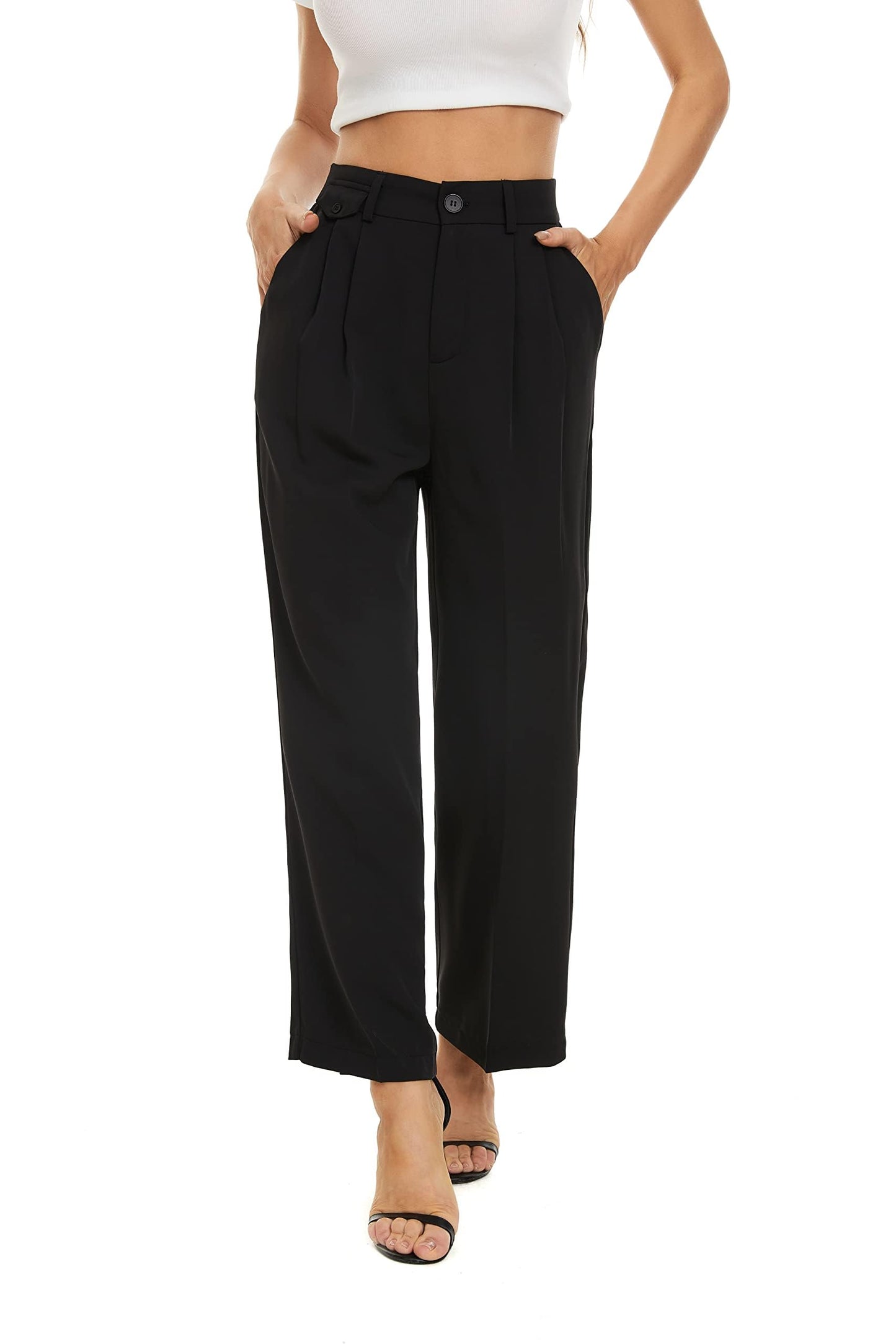 FUNYYZO Women's Loose Pleated Front Long Pants Wide Leg Trousers Solid Causal Dressy