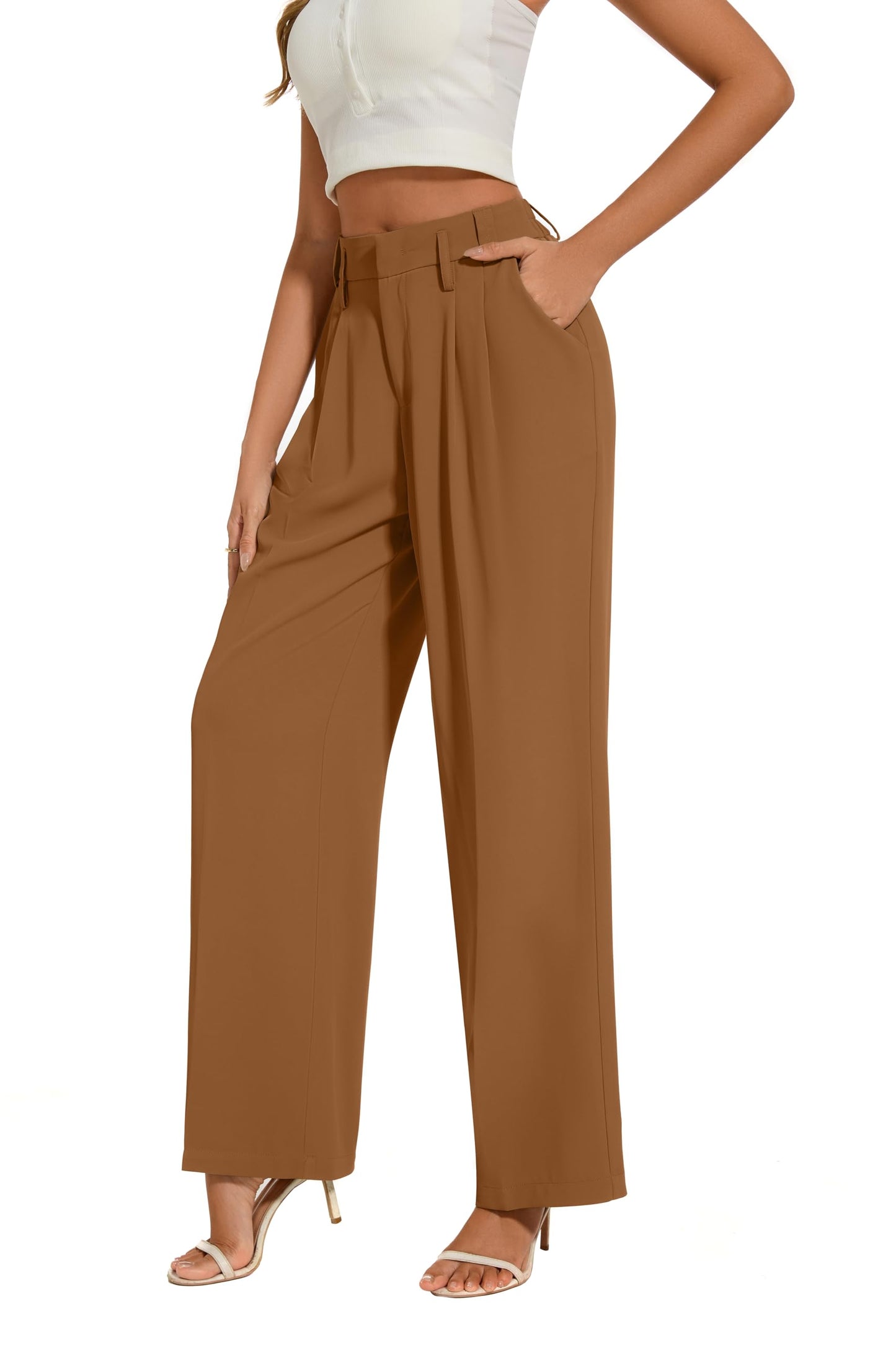 FUNYYZO Women's Loose Pleated Front Long Pants Wide Leg Trousers Solid Causal Dressy