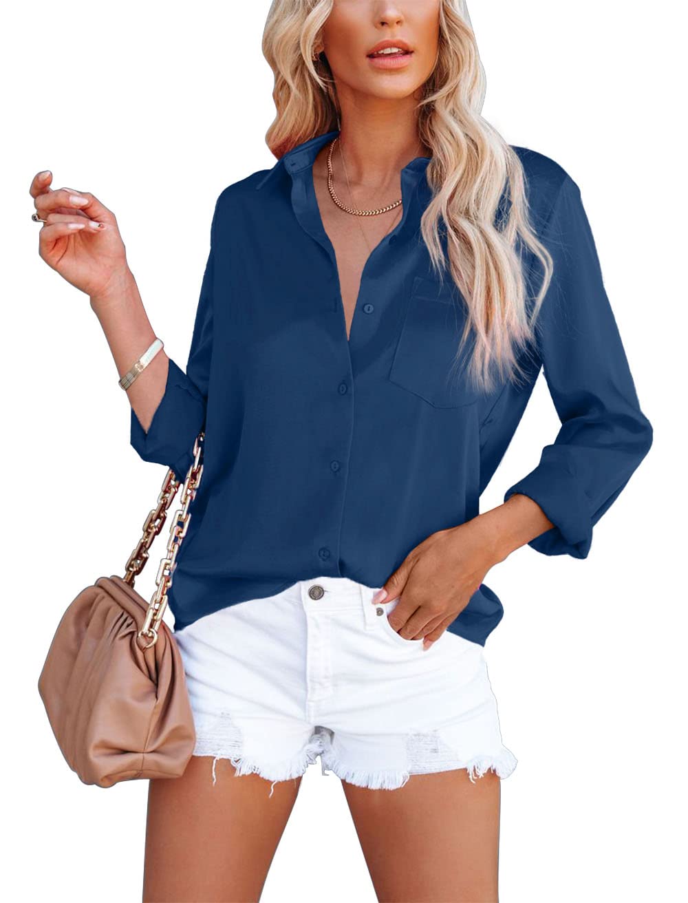 OMSJ Women's Button Down Shirts Satin V Neck Long Sleeve Casual Work Blouse Tops with Pocket