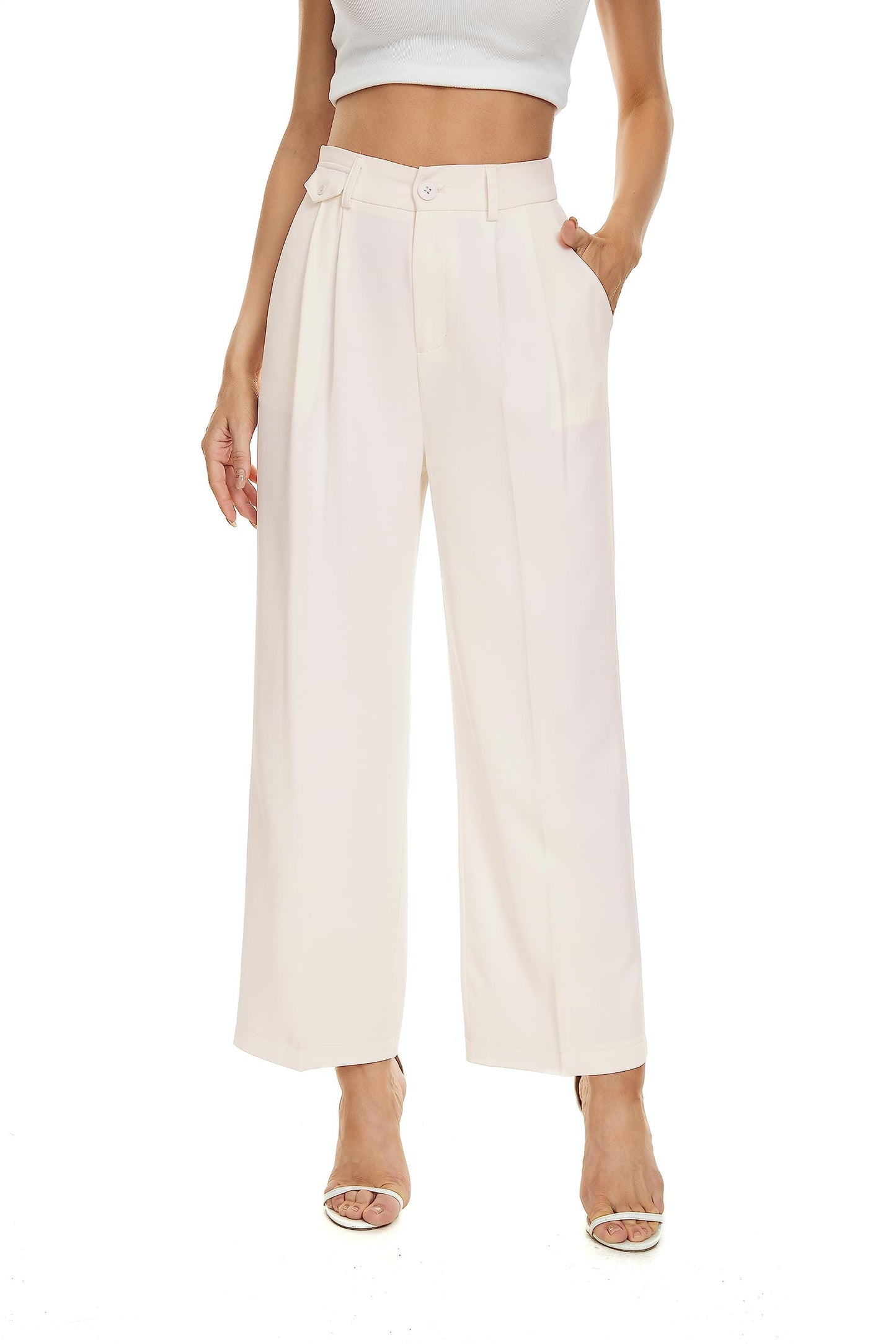 FUNYYZO Women's Loose Pleated Front Long Pants Wide Leg Trousers Solid Causal Dressy
