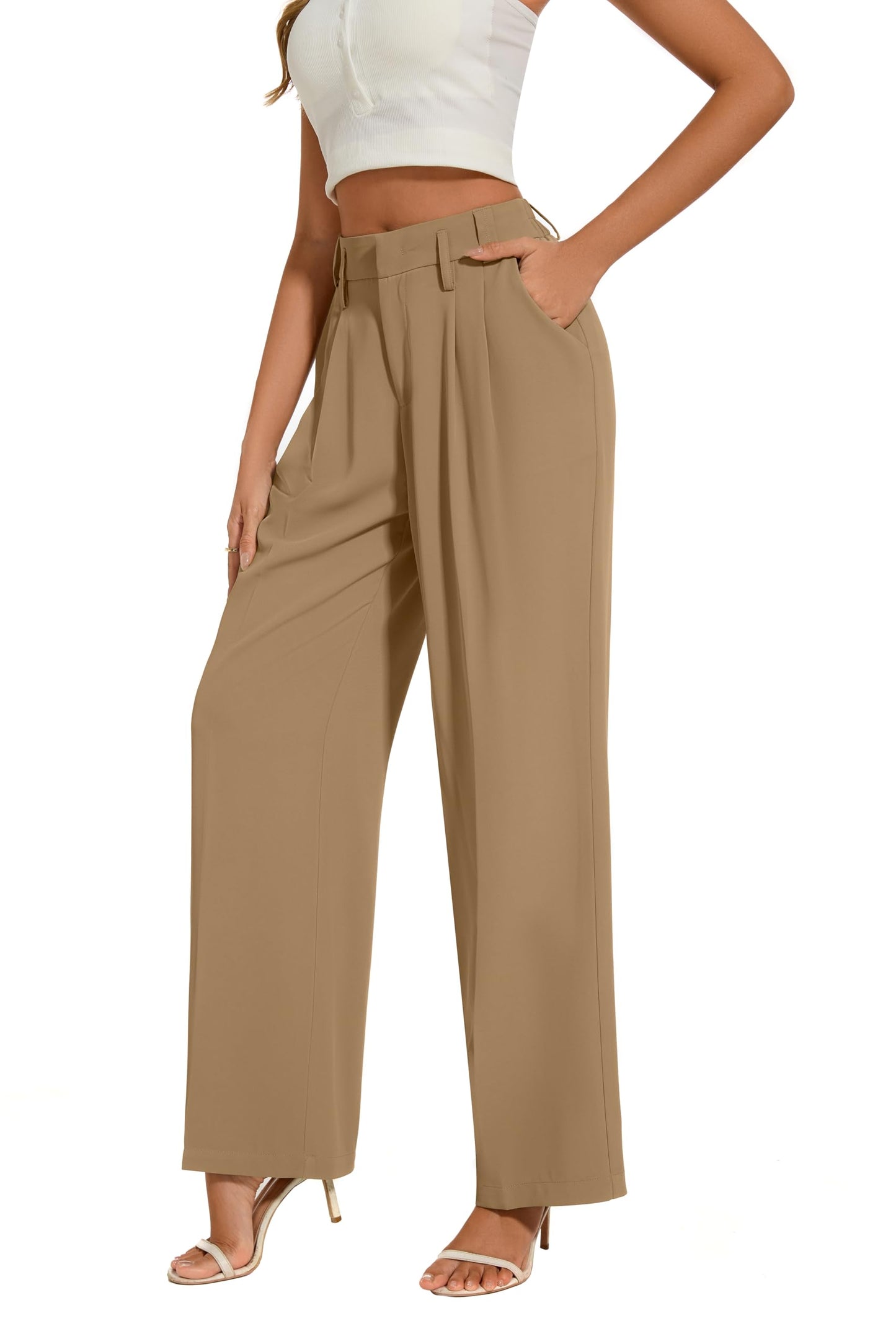 FUNYYZO Women's Loose Pleated Front Long Pants Wide Leg Trousers Solid Causal Dressy