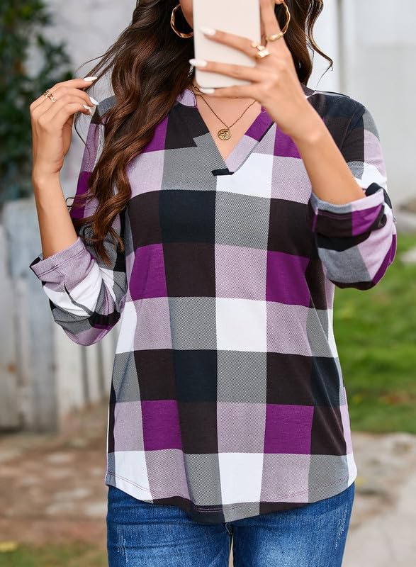 Dokotoo Womens Basic Casual V Neck Plaid Print Cuffed Long Sleeve Work Tops Blouses Shirts S-3XL
