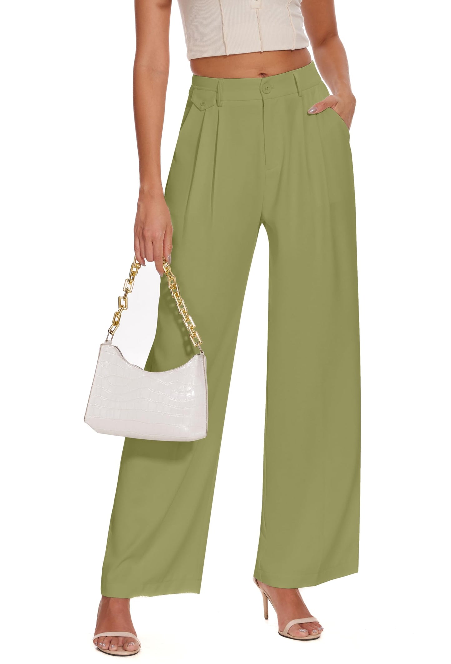FUNYYZO Women's Loose Pleated Front Long Pants Wide Leg Trousers Solid Causal Dressy