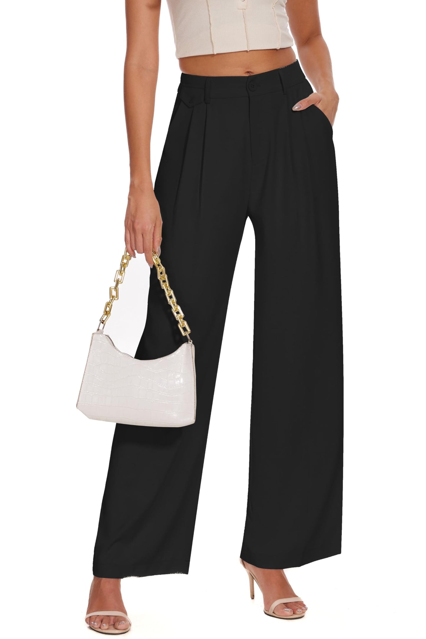 FUNYYZO Women's Loose Pleated Front Long Pants Wide Leg Trousers Solid Causal Dressy