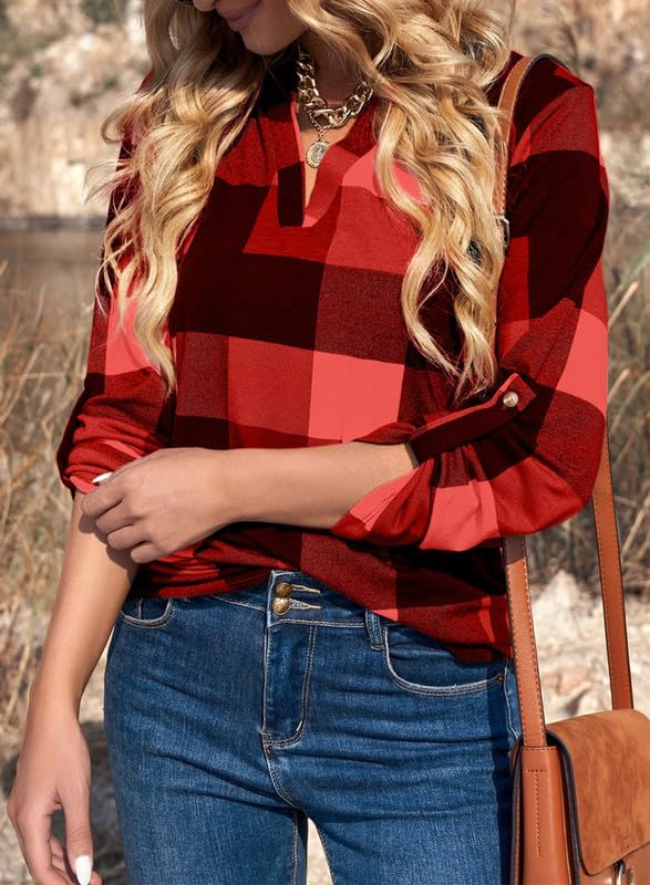 Dokotoo Womens Basic Casual V Neck Plaid Print Cuffed Long Sleeve Work Tops Blouses Shirts S-3XL