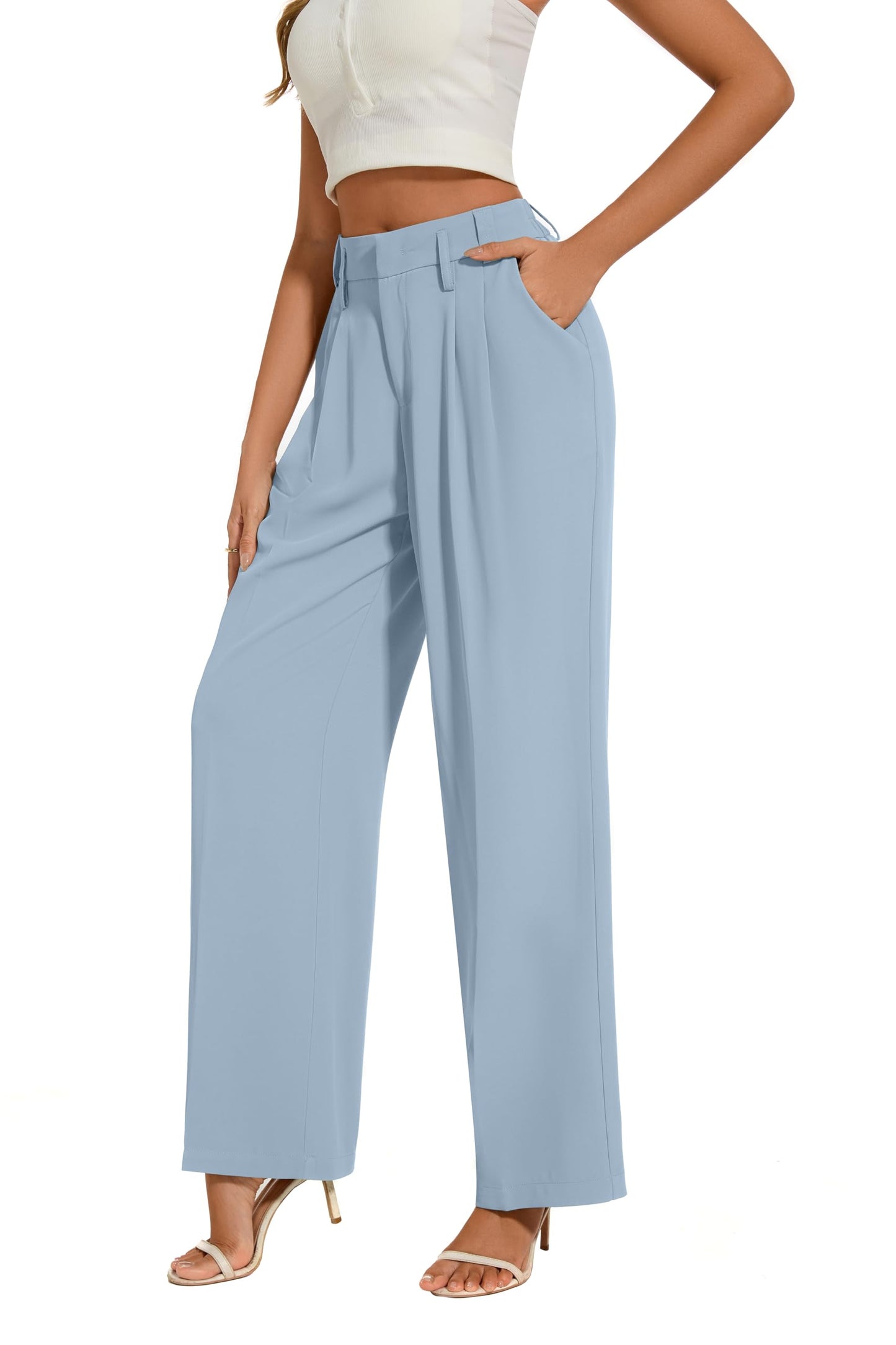 FUNYYZO Women's Loose Pleated Front Long Pants Wide Leg Trousers Solid Causal Dressy