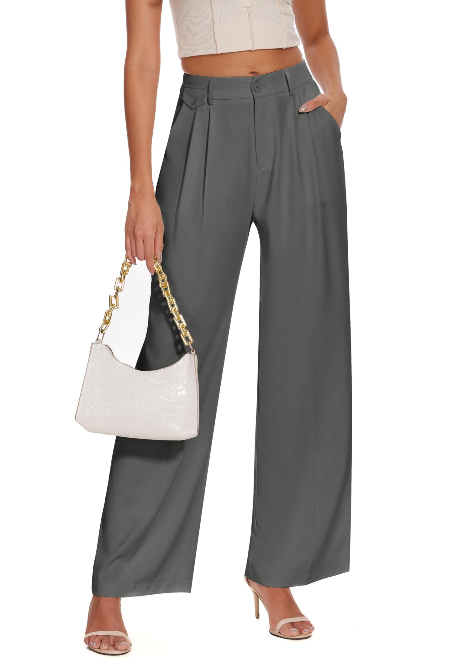 FUNYYZO Women's Loose Pleated Front Long Pants Wide Leg Trousers Solid Causal Dressy