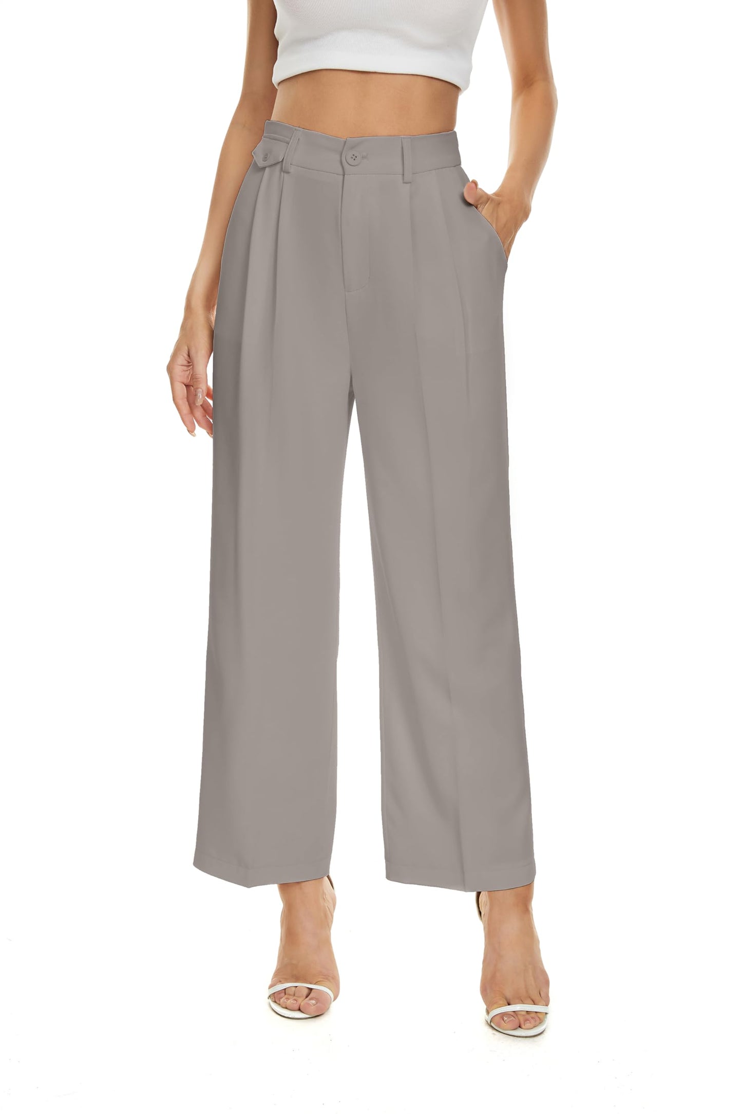 FUNYYZO Women's Loose Pleated Front Long Pants Wide Leg Trousers Solid Causal Dressy