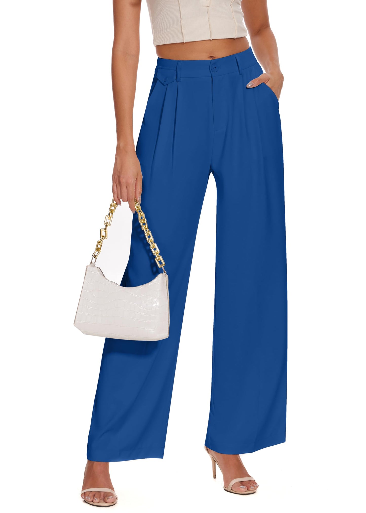 FUNYYZO Women's Loose Pleated Front Long Pants Wide Leg Trousers Solid Causal Dressy
