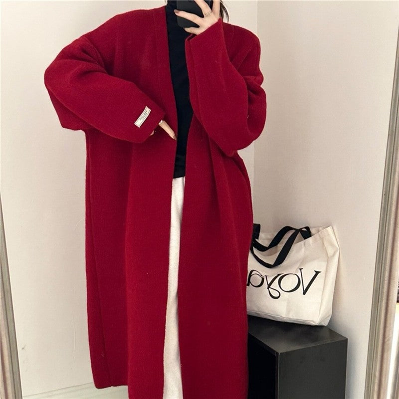 Oversized Solid Color Knee-Length Knit Cardigan Coat