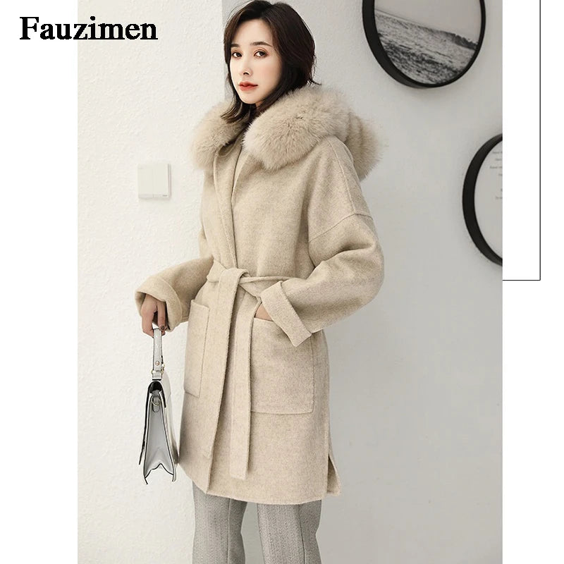 Cashmere Jacket Hand, Fox Fur Woolen Overcoat Cashmere Coat