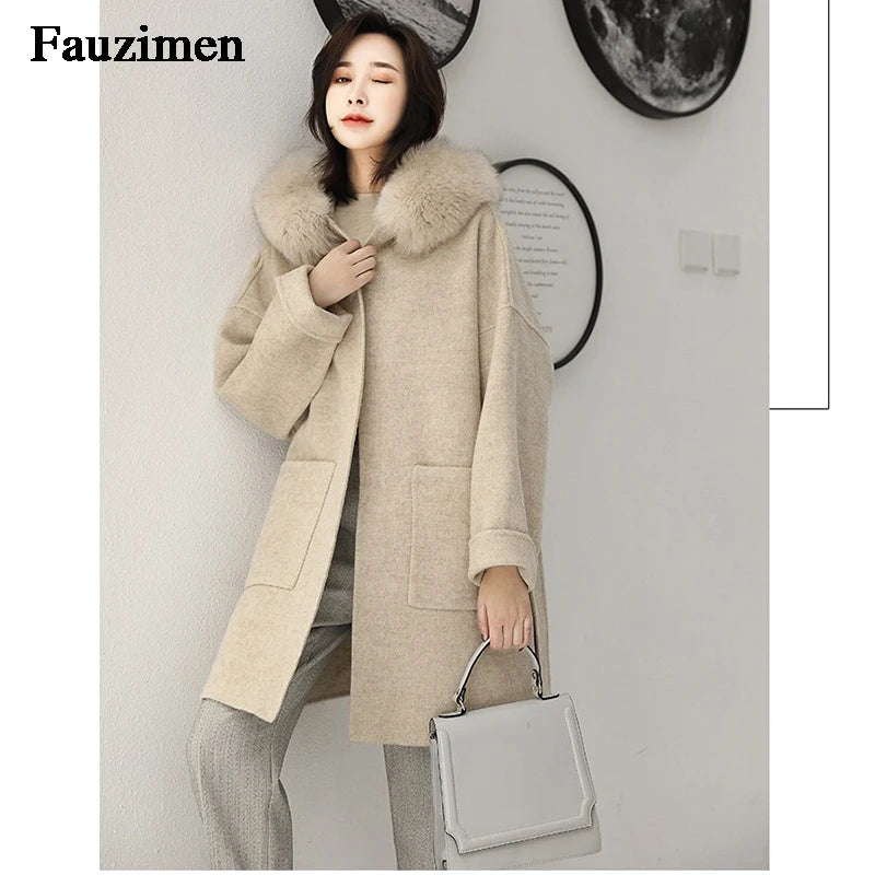 Cashmere Jacket Hand, Fox Fur Woolen Overcoat Cashmere Coat