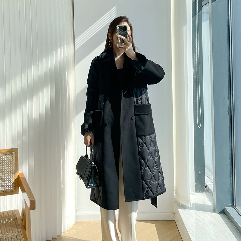 Double-Sided Woolen Slim Looking Goose down Long Trench Coat Whole Mink