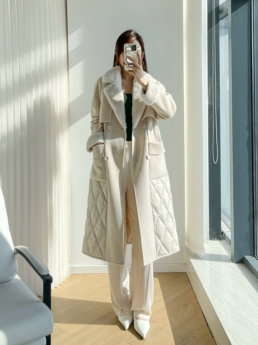 Double-Sided Woolen Slim Looking Goose down Long Trench Coat Whole Mink