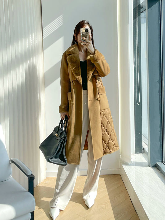 Double-Sided Woolen Slim Looking Goose down Long Trench Coat Whole Mink
