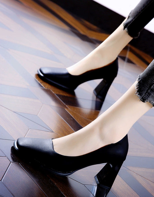 OL European and American-Style Square-Toe Black Soft Leather Comfortable High Heels