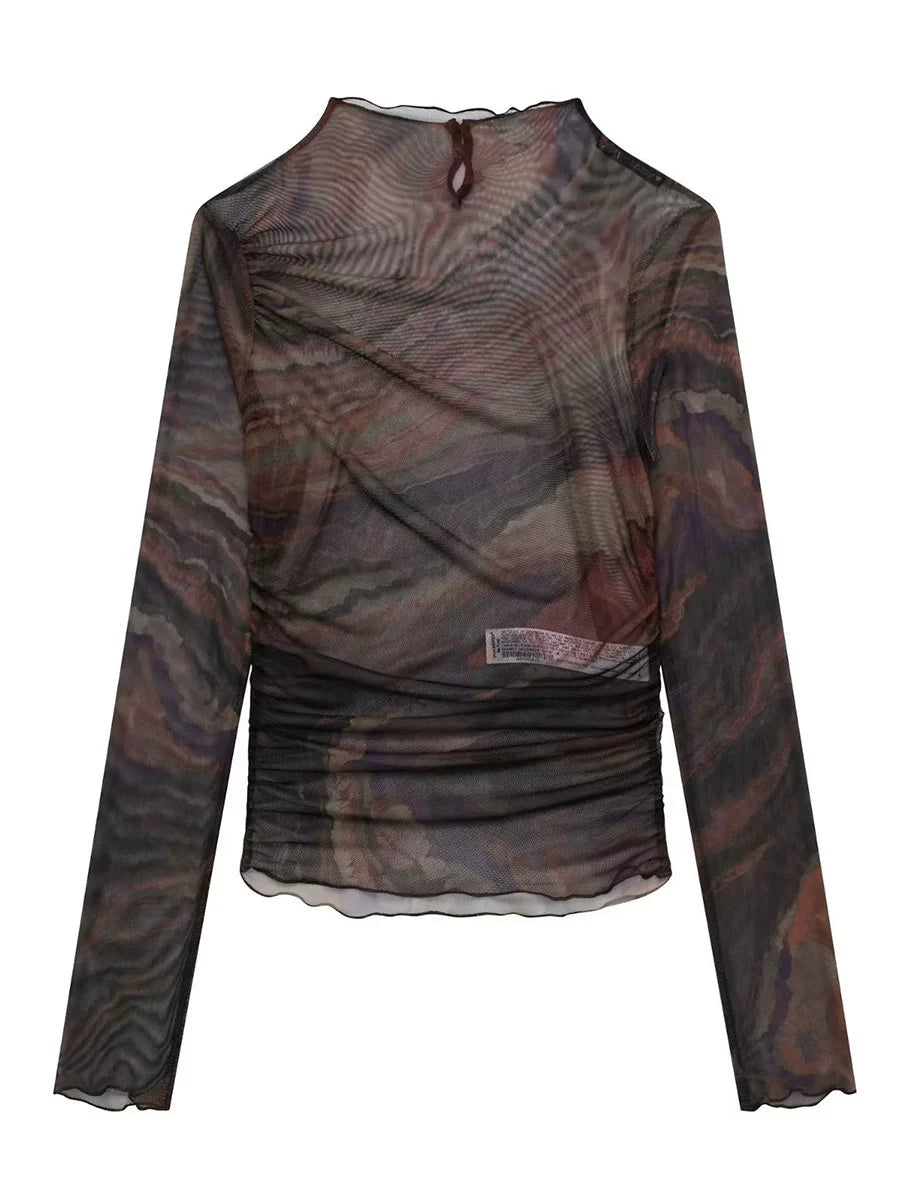 Print Silm Bandage Dress Inner Translucent Long Sleeves T-shirt