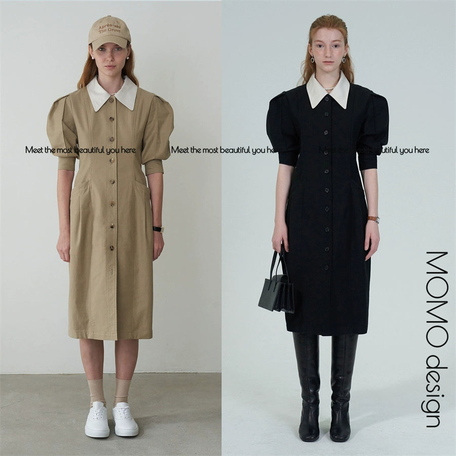 In Stock Grove 22 Early Spring New Peter Pan Collar Retro Puff Sleeve Mid Length Long Length Trench Coat Dress