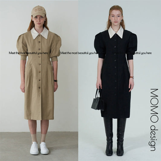 In Stock Grove 22 Early Spring New Peter Pan Collar Retro Puff Sleeve Mid Length Long Length Trench Coat Dress