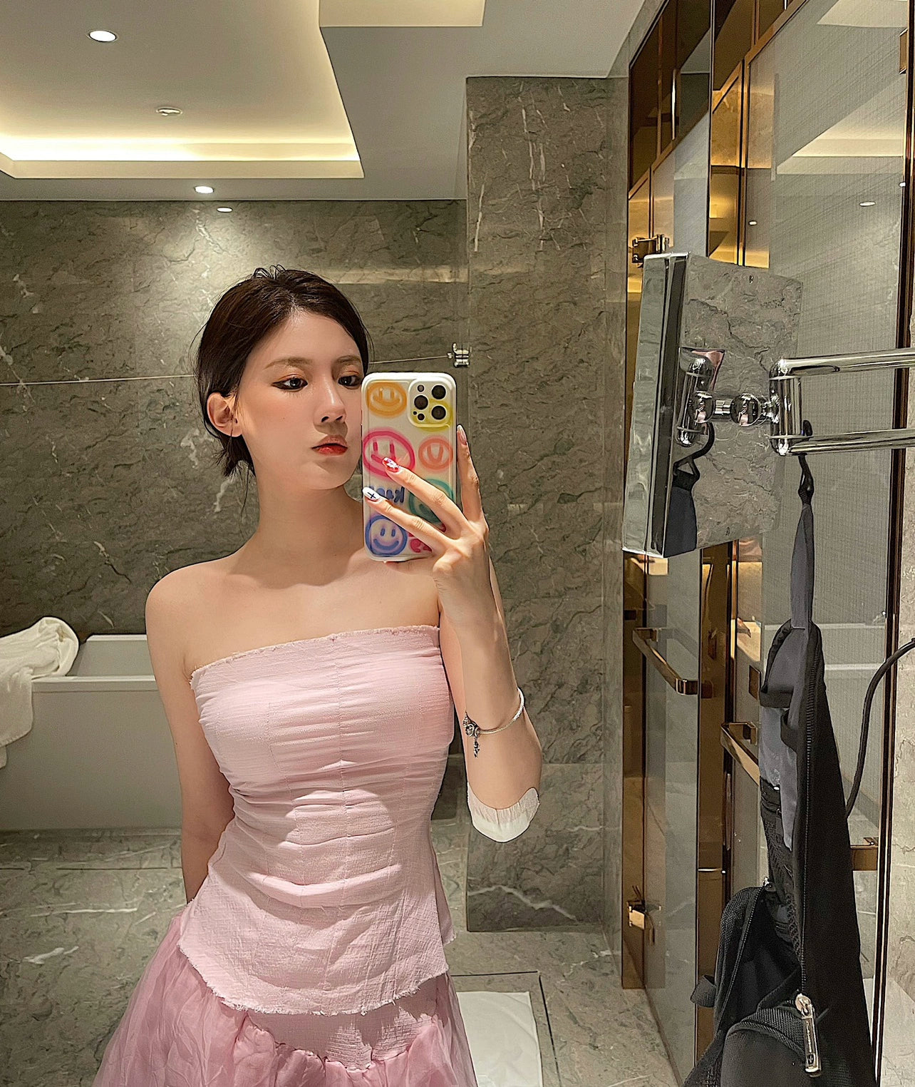 Super White Cherry Blossom Pink Multi-Layer Mesh Bubble Skirt Tube Top