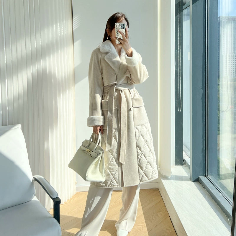 Double-Sided Woolen Slim Looking Goose down Long Trench Coat Whole Mink