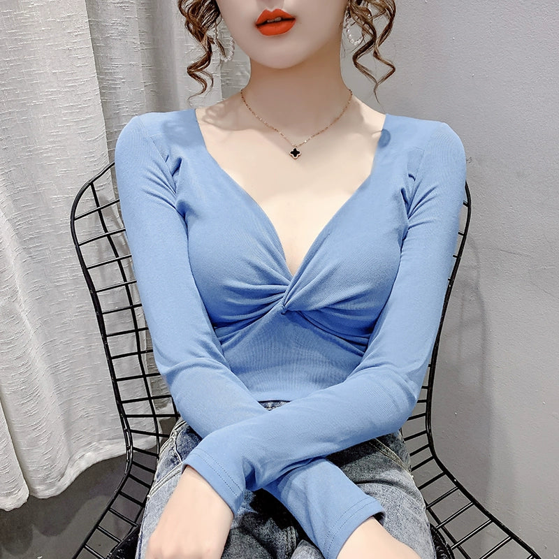 Women's Low-Cut V-neck Sexy Bottoming Shirt 2024 New Arrival Early Spring Top Elegant Silm Kinked Stylish Long Sleeves T-Shirt