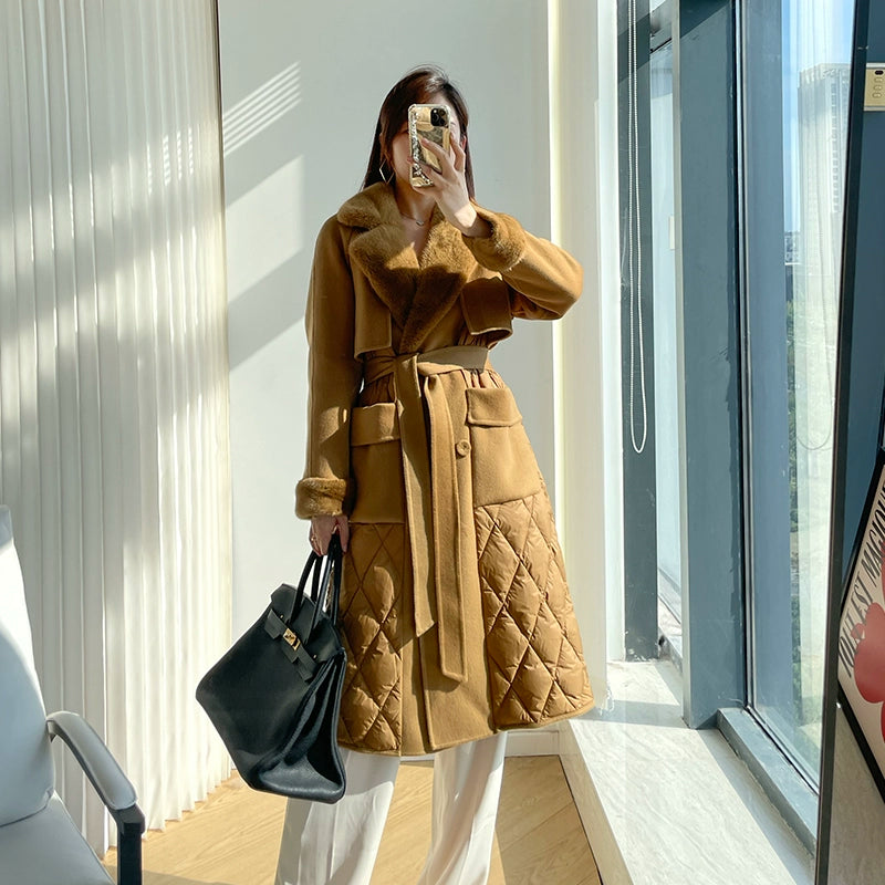 Double-Sided Woolen Slim Looking Goose down Long Trench Coat Whole Mink