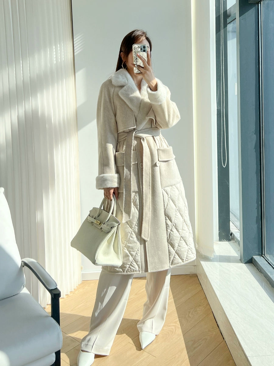 Double-Sided Woolen Slim Looking Goose down Long Trench Coat Whole Mink