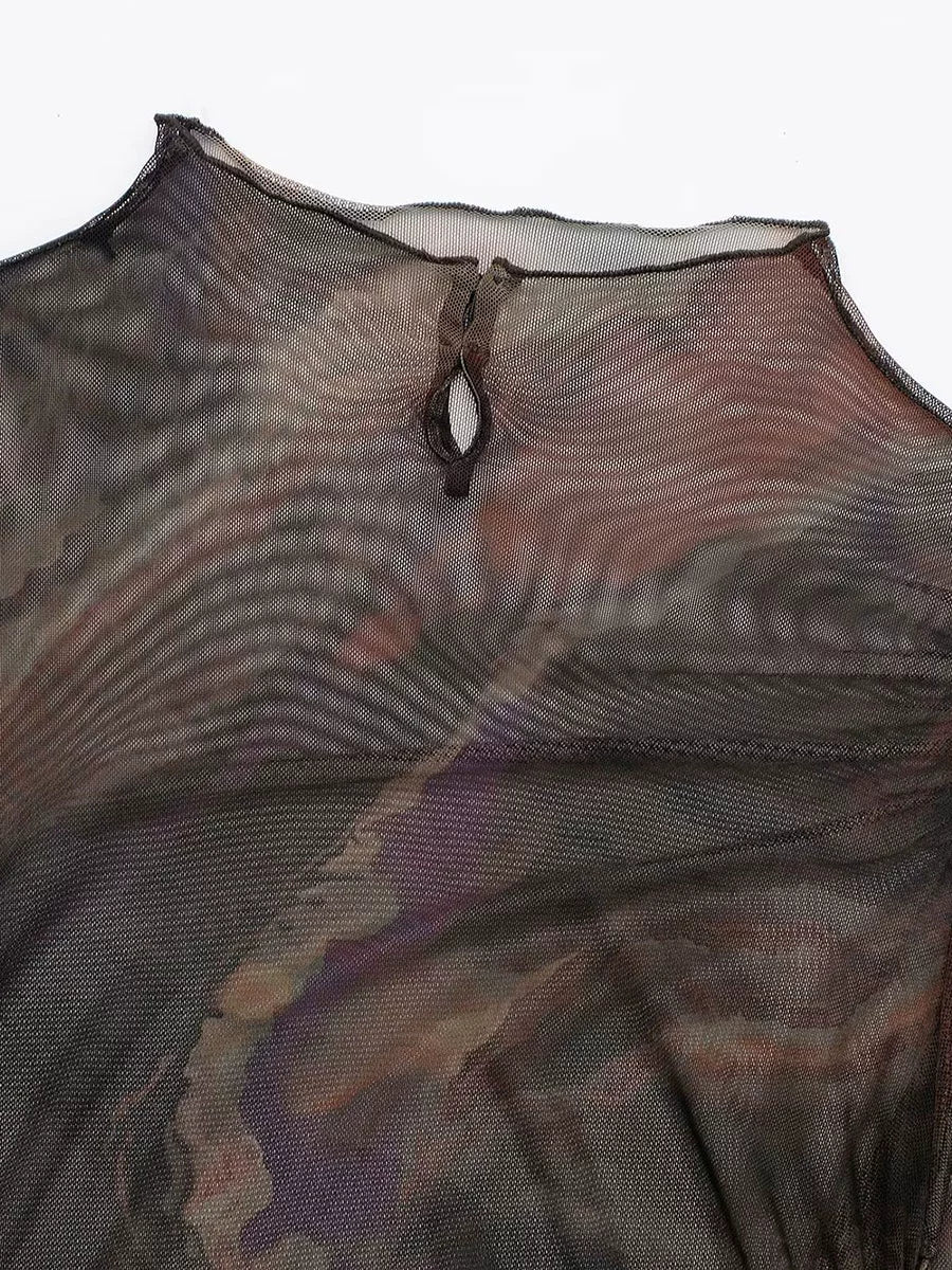 Print Silm Bandage Dress Inner Translucent Long Sleeves T-shirt