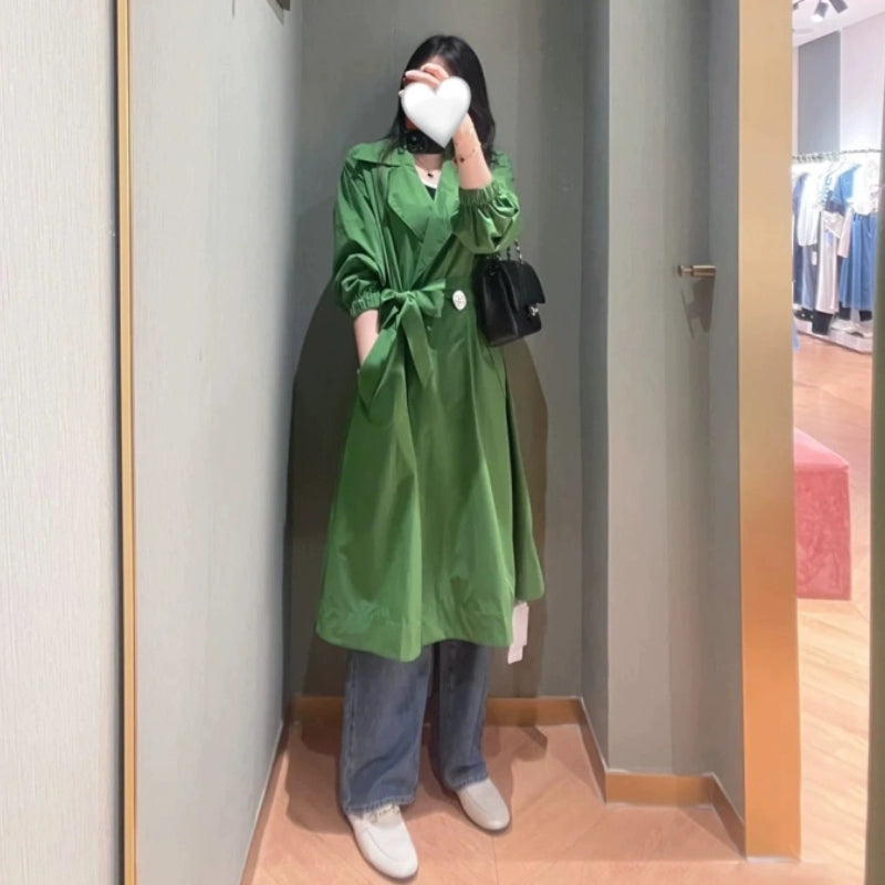 Green Mid Length Long Length K-style Loose Waist-Tight Ins Trench Coat
