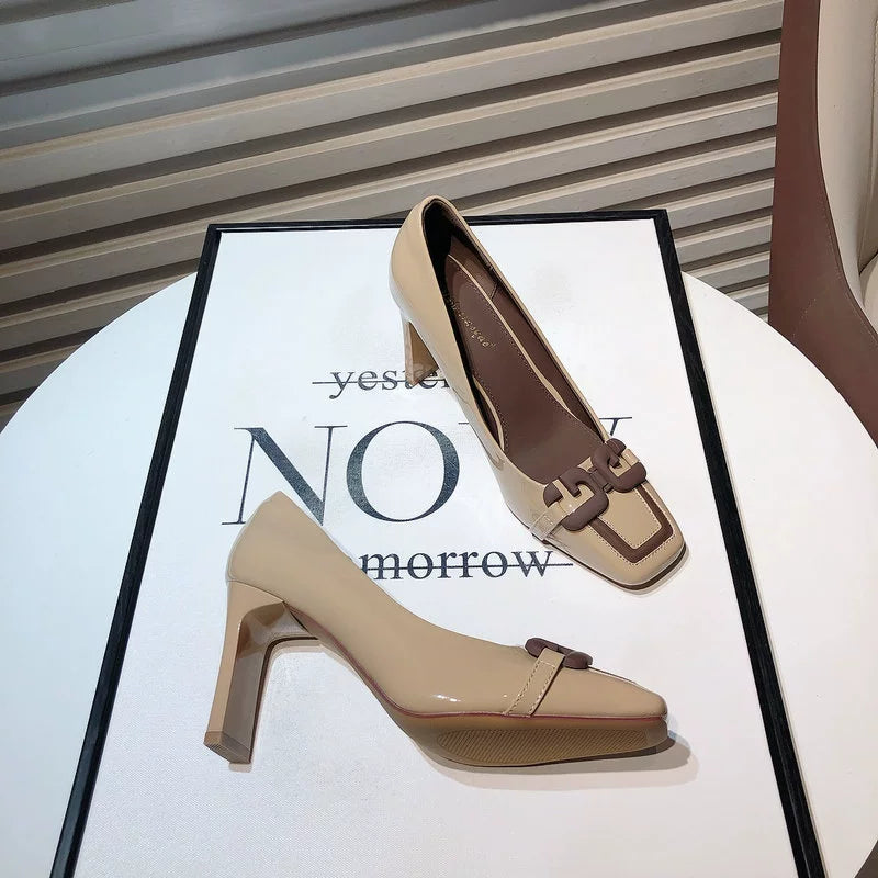 Fashion 2024 Spring New Arrival Special-Interest Design Metal Buckle Square Toe Patent Leather High Heels Chunky Heel All-Matching Ol Commuter Shoes