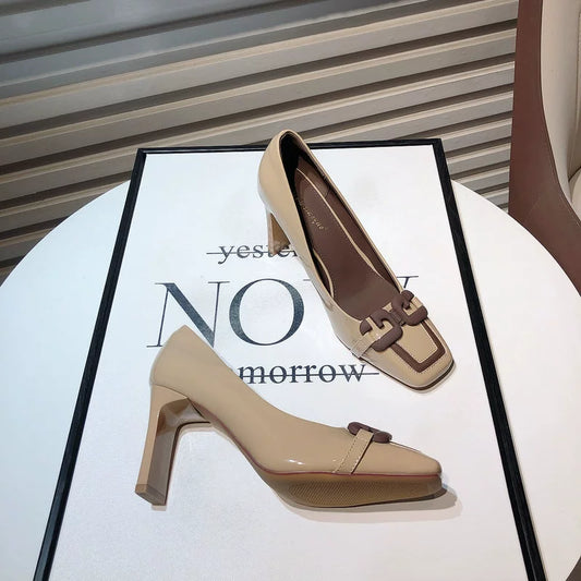 Fashion 2024 Spring New Arrival Special-Interest Design Metal Buckle Square Toe Patent Leather High Heels Chunky Heel All-Matching Ol Commuter Shoes