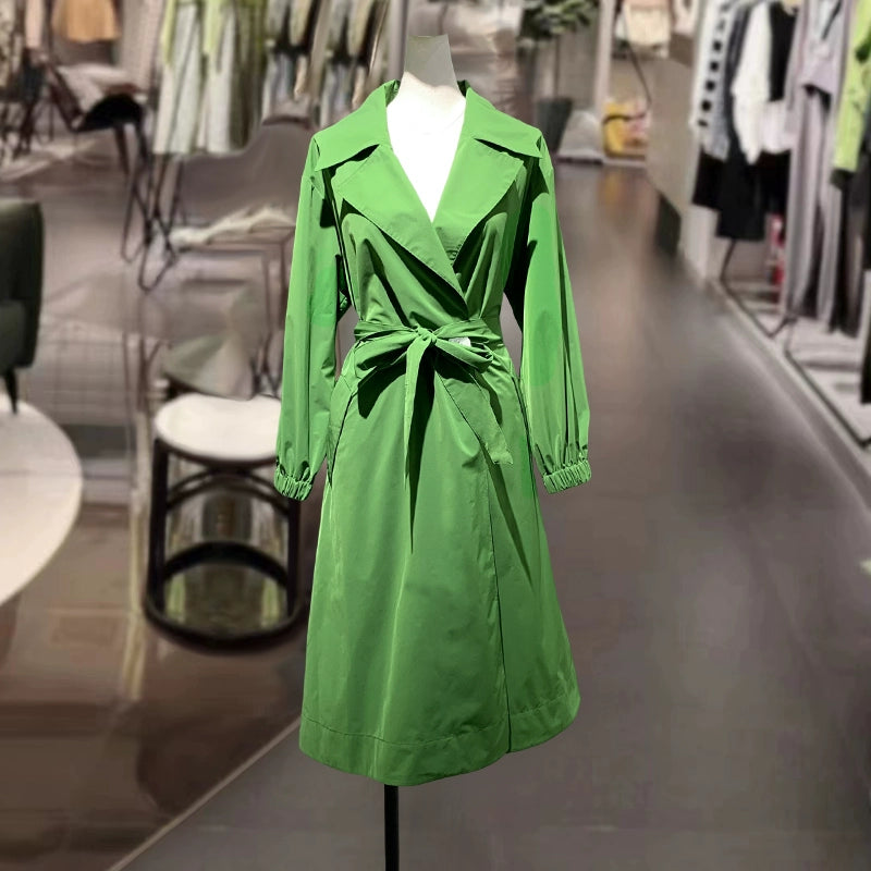 Green Mid Length Long Length K-style Loose Waist-Tight Ins Trench Coat