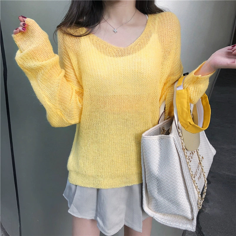 Early Spring and Autumn 2024 New and Thin K-style Loose Mohair Idle Style Hollow out V-neck Woolen Knit Smock Top Women