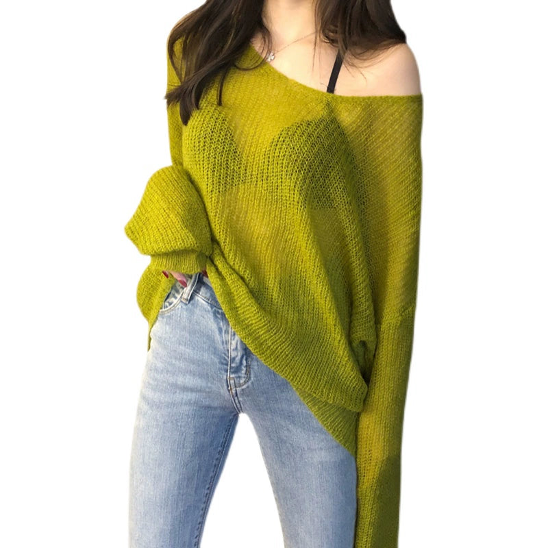 Early Spring and Autumn 2024 New and Thin K-style Loose Mohair Idle Style Hollow out V-neck Woolen Knit Smock Top Women