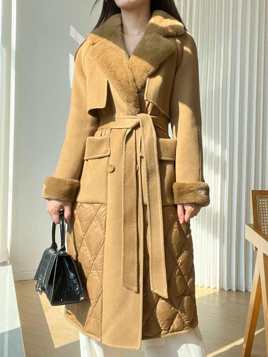 Double-Sided Woolen Slim Looking Goose down Long Trench Coat Whole Mink